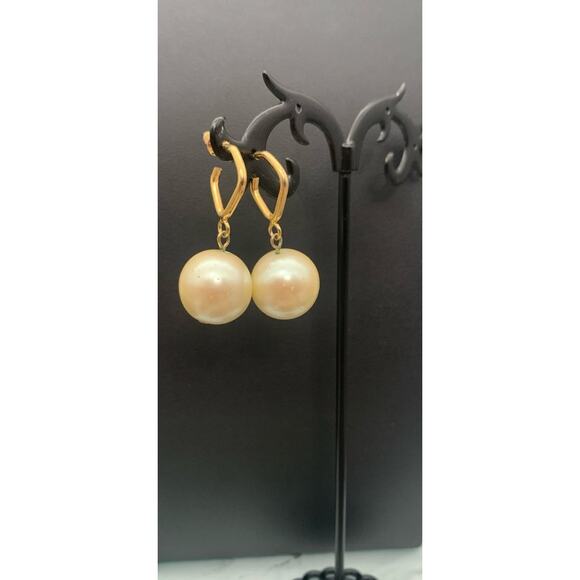 Vintage Gold Tone Unique Dangle Faux Pearl Pierced Earrings - Picture 1 of 5
